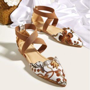 Floral Embroidered Cross Strap Flats